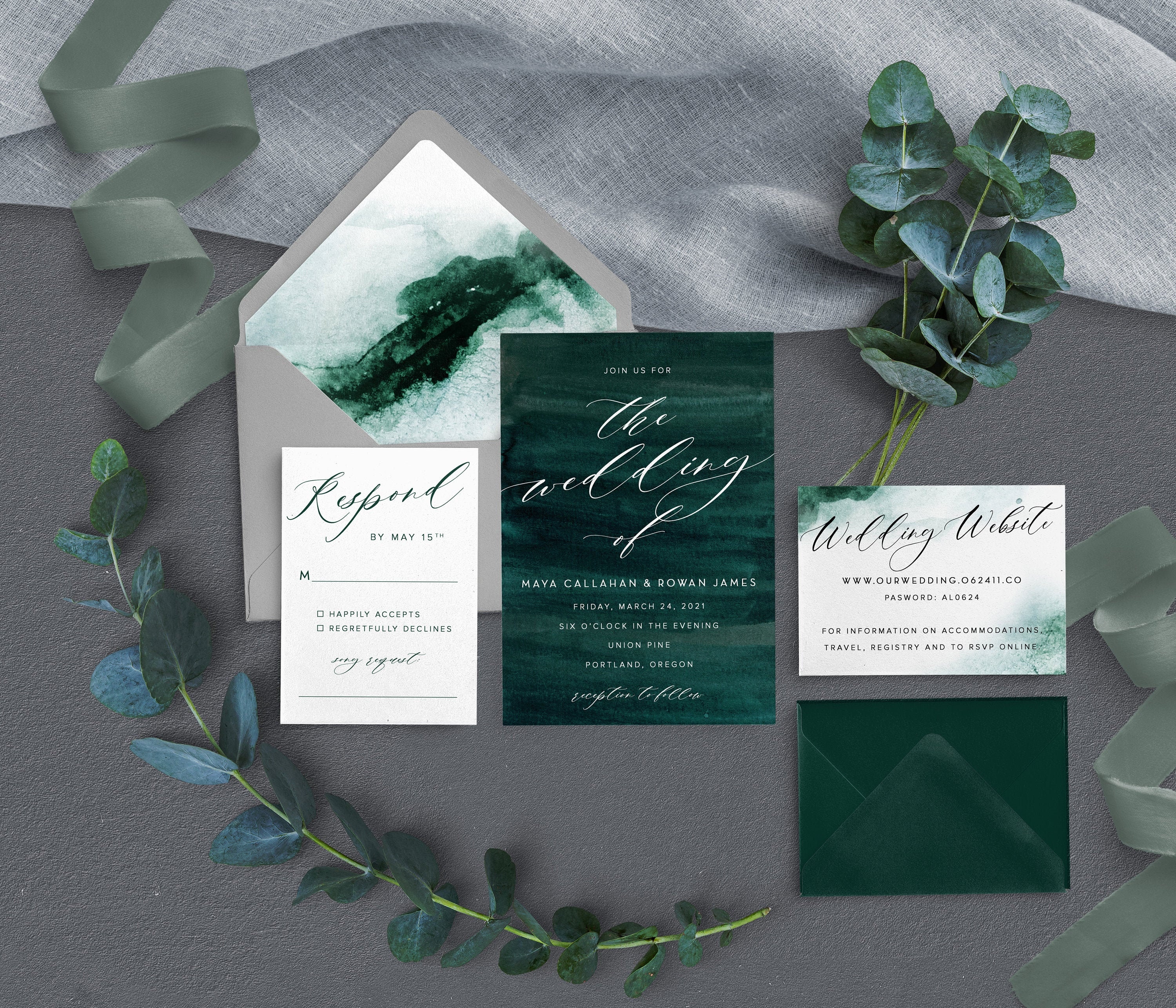 Emerald Wedding Invitation Dark Green Wedding Moody - Etsy