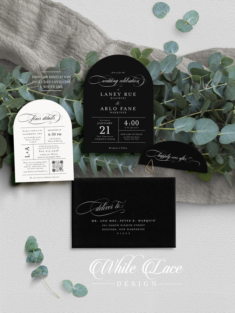 Black Arch Wedding Invitation: Modern White Ink Design Bild 1