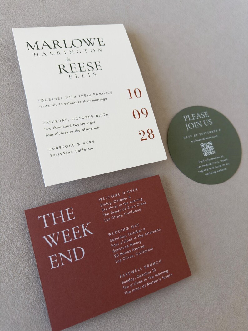 typography and warm clay accent text.

Clay, olive green and ivory Marlowe wedding invitation suite featuring a patterned green envelope liner, round RSVP card and modern asymmetrical stationery.