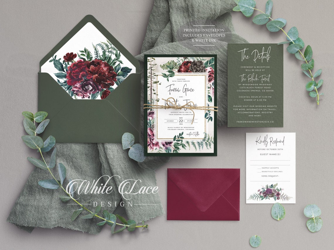 White Ink PRINTED Sage Green Wedding Invitation Greenery image 1