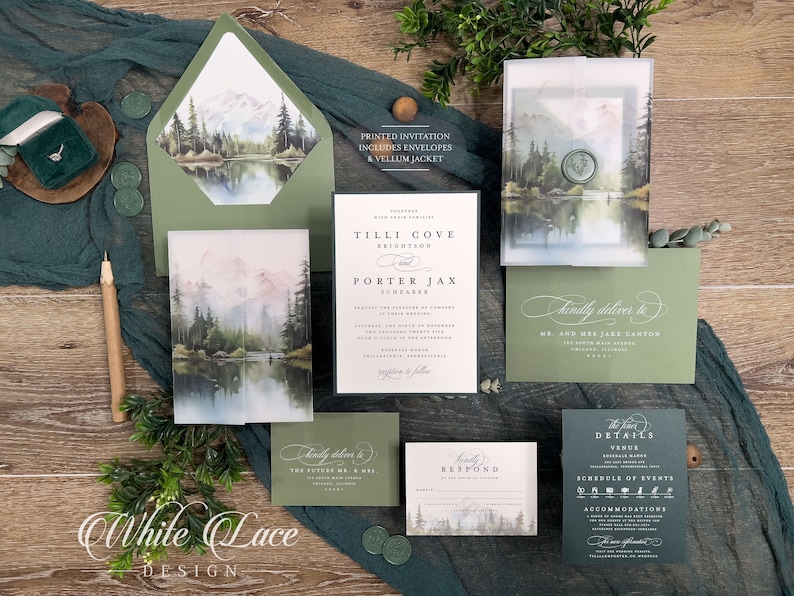Colorado Mountain Forest Wedding Invitation Suite: Green Lake, Enchanting Woodlands, Vellum Jacket imagen 1