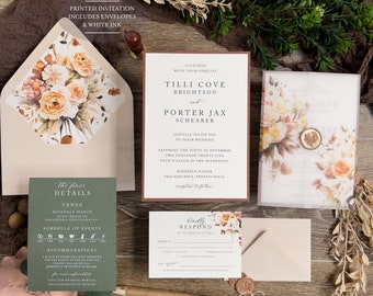 Rustic Printed Invitation Suite, Tilli Suite, Neutral Flower Vellum Jacket, Rust and Greenery Classic wedding, Modern, Classic, White Ink
