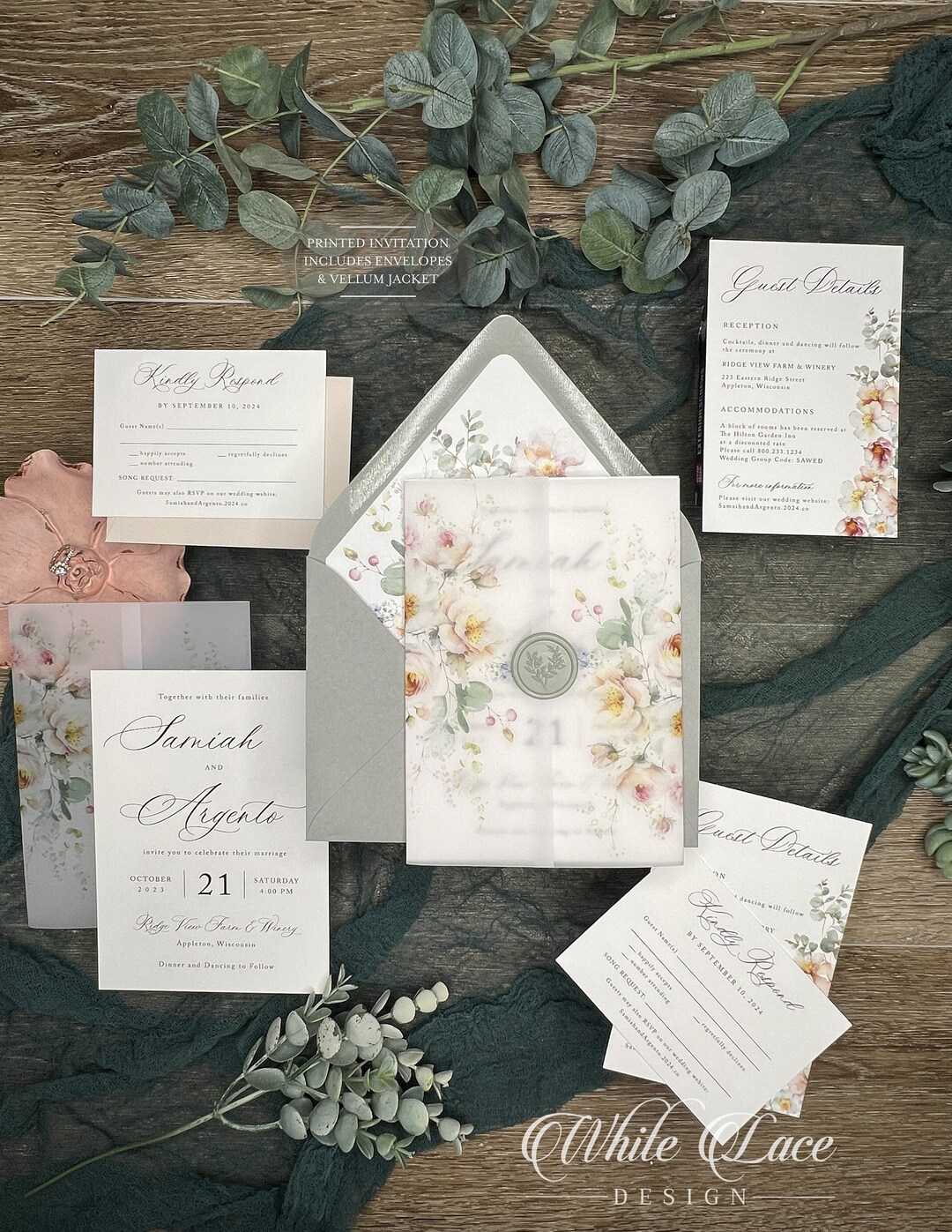 Vellum Jacket Wedding Invitations, Wildflower Dusty Rose, Sage Green