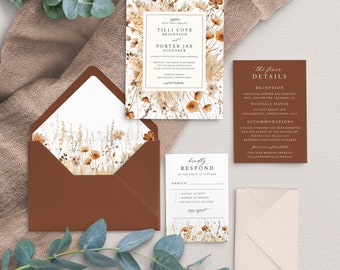 Dark Rust and Wildflower wedding invitation suite, Rustic, Romantic, Boho wedding, Earthy Outdoor wedding, Terracotta Printed wedding Invite