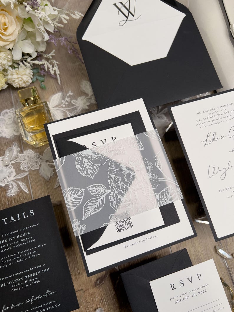 Black and white wedding invitations with classic, timeless design. Minimalist black wedding with white ink floral vellum thick band and monogram wedding logo designed for you.