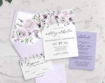 Könnte beinhalten: Eine violette, florale Hochzeitseinladung mit Aquarelldesign. Die Einladung enthält die Namen Melissa Robertson und Parker Kaulman, das Datum 17. Mai 2022 und den Ort Maybaugh House, Newport, Virginia. Die Einladung enthält auch eine RSVP-Karte mit einem floralen Design.