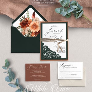 May include: A set of wedding invitations with a green and brown color scheme. The invitation features a floral design with a lace overlay. The text on the invitation reads "Together with their families, Jasmine & Elijah".