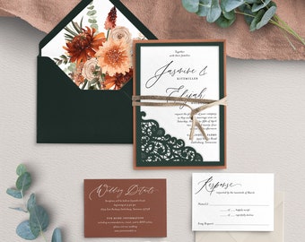 Terracotta Wedding Invitation, Emerald Wedding Invitation, Lace Wedding, Floral Wedding, Formal Wedding, Rust Wedding, Laser cut - PRINTED