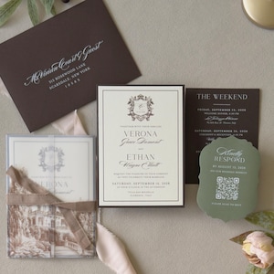 Italian villa-inspired printed vellum wrap with olive green RSVP card, chocolate brown envelope and layered wedding invitation