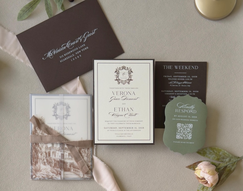 Italian villa-inspired printed vellum wrap with olive green RSVP card, chocolate brown envelope and layered wedding invitation