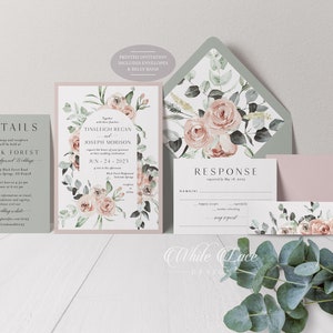 May include: Wedding invitation suite with a floral design featuring blush pink roses and greenery. The invitation includes details for the ceremony and reception, the RSVP card, and a belly band with the couple's names and wedding date.
