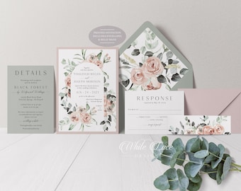 May include: Wedding invitation suite with a floral design featuring blush pink roses and greenery. The invitation includes details for the ceremony and reception, the RSVP card, and a belly band with the couple's names and wedding date.