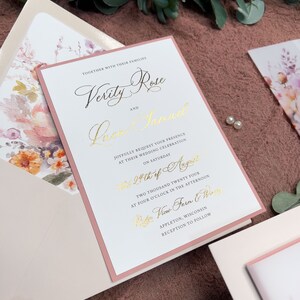 Vellum Jacket wedding invitation suite, Gold Foil wedding, Dusty Rose Mauve Modern, Whimsical Terracotta Romantic WildFlower, Verity PRINTED image 4