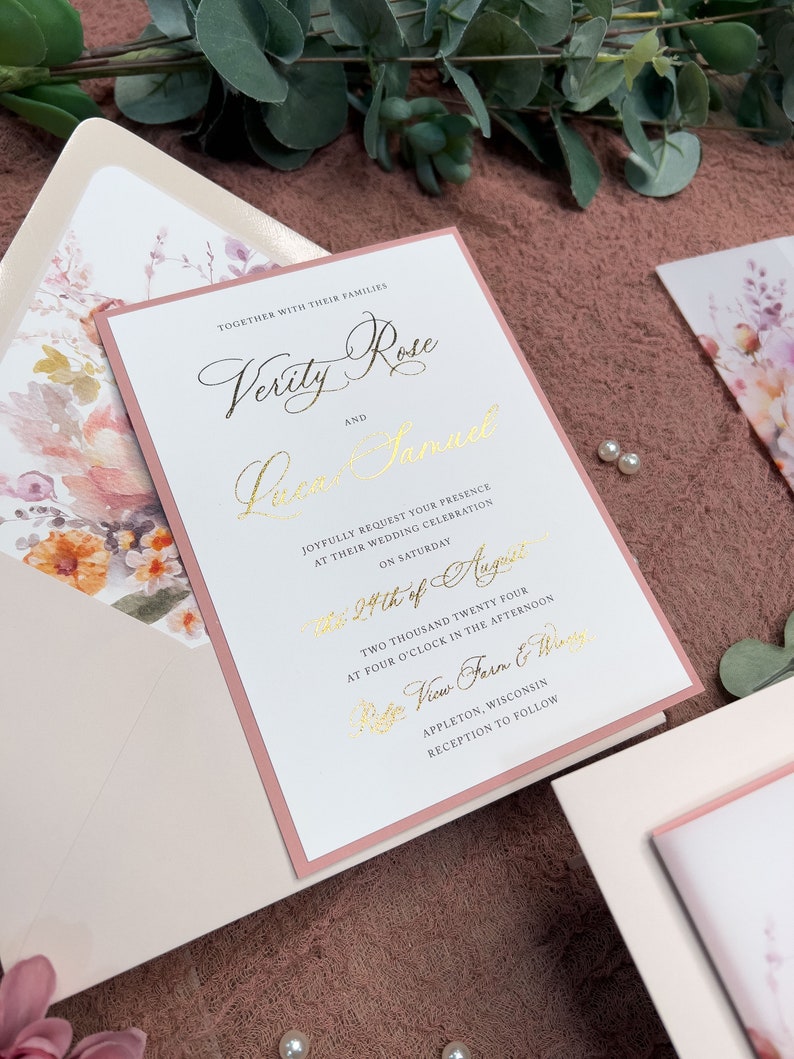 Vellum Jacket wedding invitation suite, Gold Foil wedding, Dusty Rose Mauve Modern, Whimsical Terracotta Romantic WildFlower, Verity PRINTED image 4