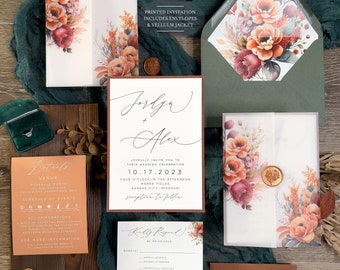 Floral Terracotta Wedding Invitation Suite: Vellum Jacket & Envelope Liner