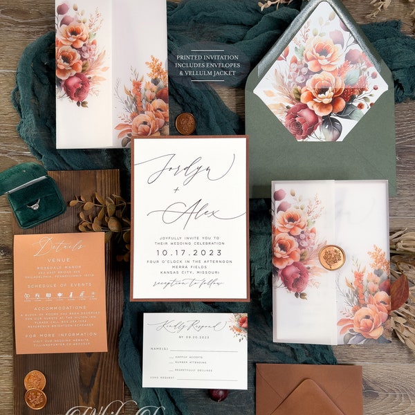 Terracotta and Sage Printed wedding invitation suite, Burnt Orange Green Flower vellum Jacket and envelope liner, Modern, Minimalist, Boho