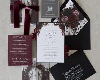 Gothic Floral Wedding Invitations | Dark Romance, Black Roses, Burgundy Vellum Suite, with gothic garden gate