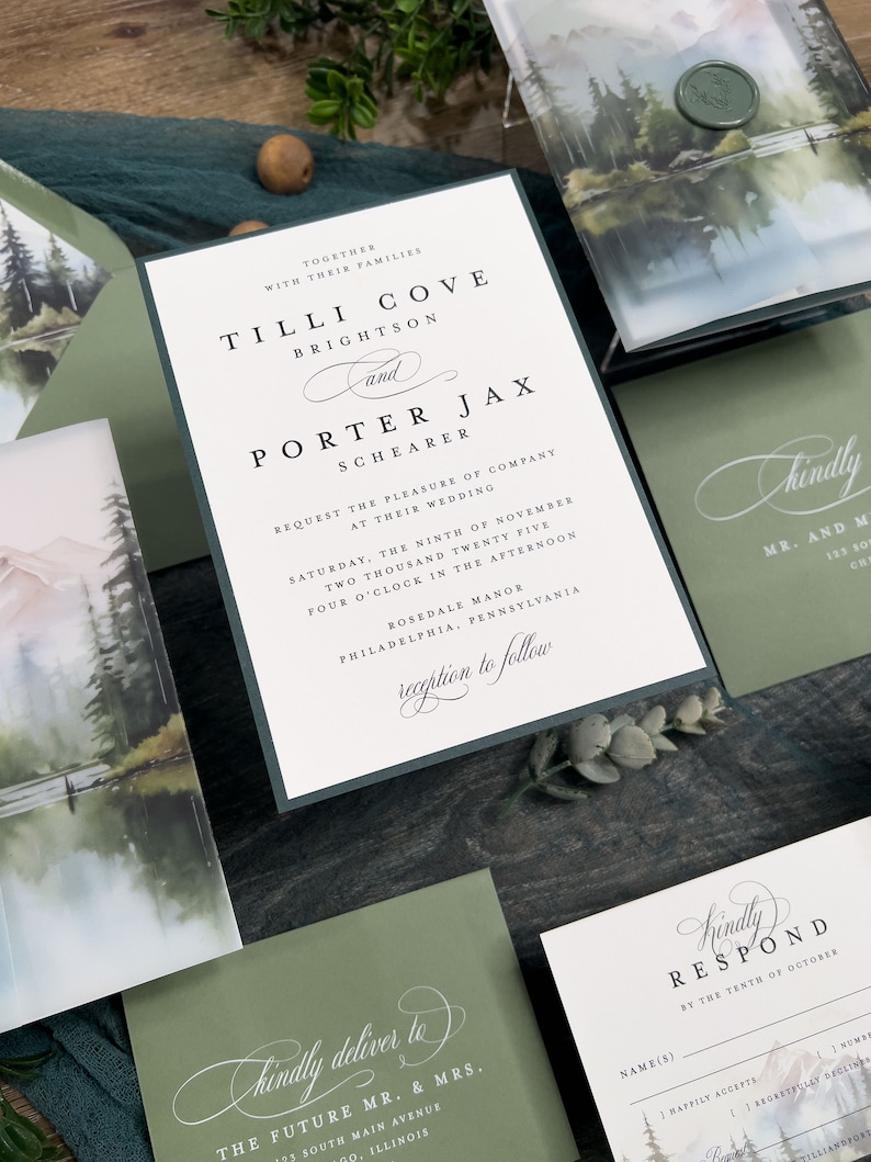 Colorado Mountain Forest Wedding Invitation Suite: Green Lake, Enchanting Woodlands, Vellum Jacket imagen 2