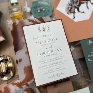 Cowboy Rodeo Cowhide Pattern Vellum Jacket Envelope Liner Wedding Invitation Suite with suede wrap