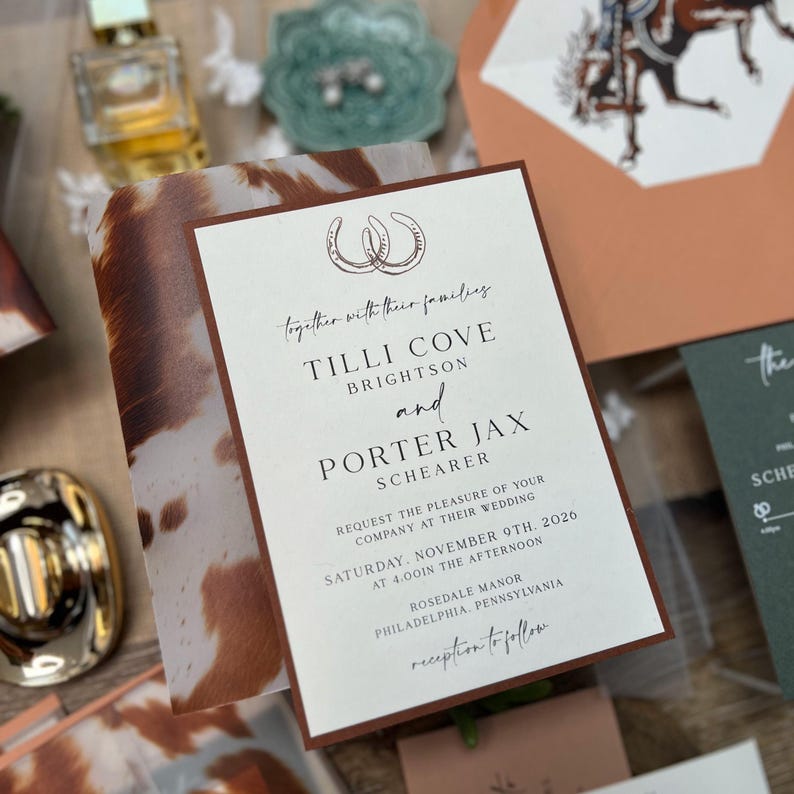 Cowboy Rodeo Cowhide Pattern Vellum Jacket Envelope Liner Wedding Invitation Suite with suede wrap