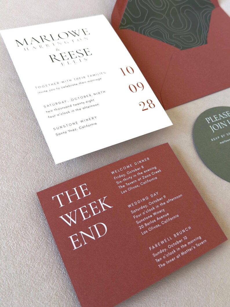 Modern clay wedding details card with ivory asymmetrical invitation and olive green round RSVP card from the Marlowe wedding stationery suite.