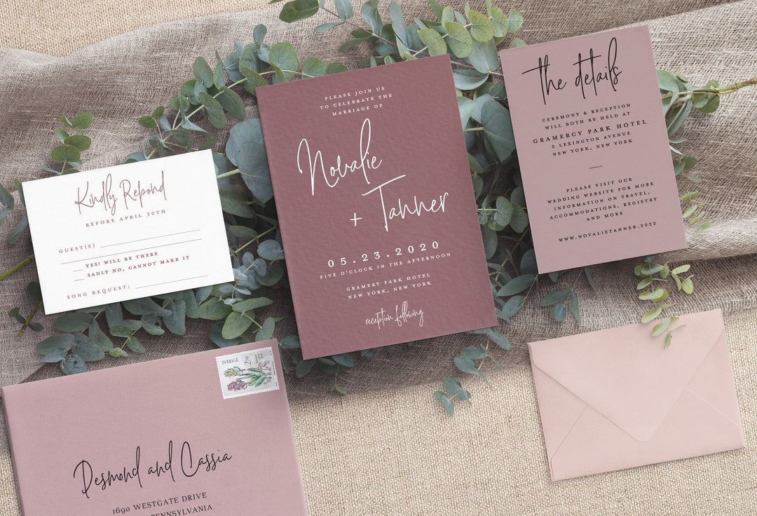 PRINTED Mauve Wedding Invitation With White Ink Printing, Dusty Rose