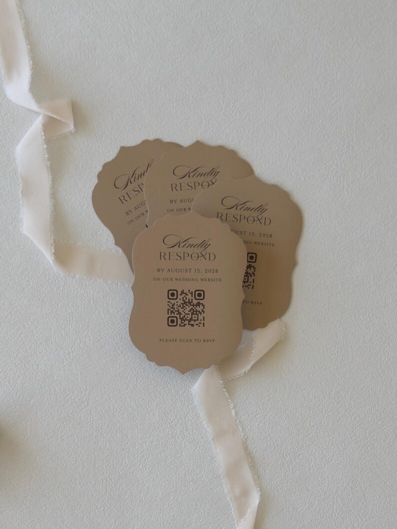 Wedding website QR code card styled with ivory ribbon for the burgundy Verona invitation suite
