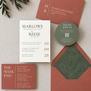 Clay, olive green and ivory Marlowe wedding invitation suite featuring an asymmetrical invitation, round RSVP card, modern typography and clay envelope with a coordinating green patterned liner.