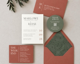 Terracotta Wedding Invitations, Olive Green Wedding Invite, Modern Garden Invitation Suite, Circle RSVP Card, Marlowe Suite