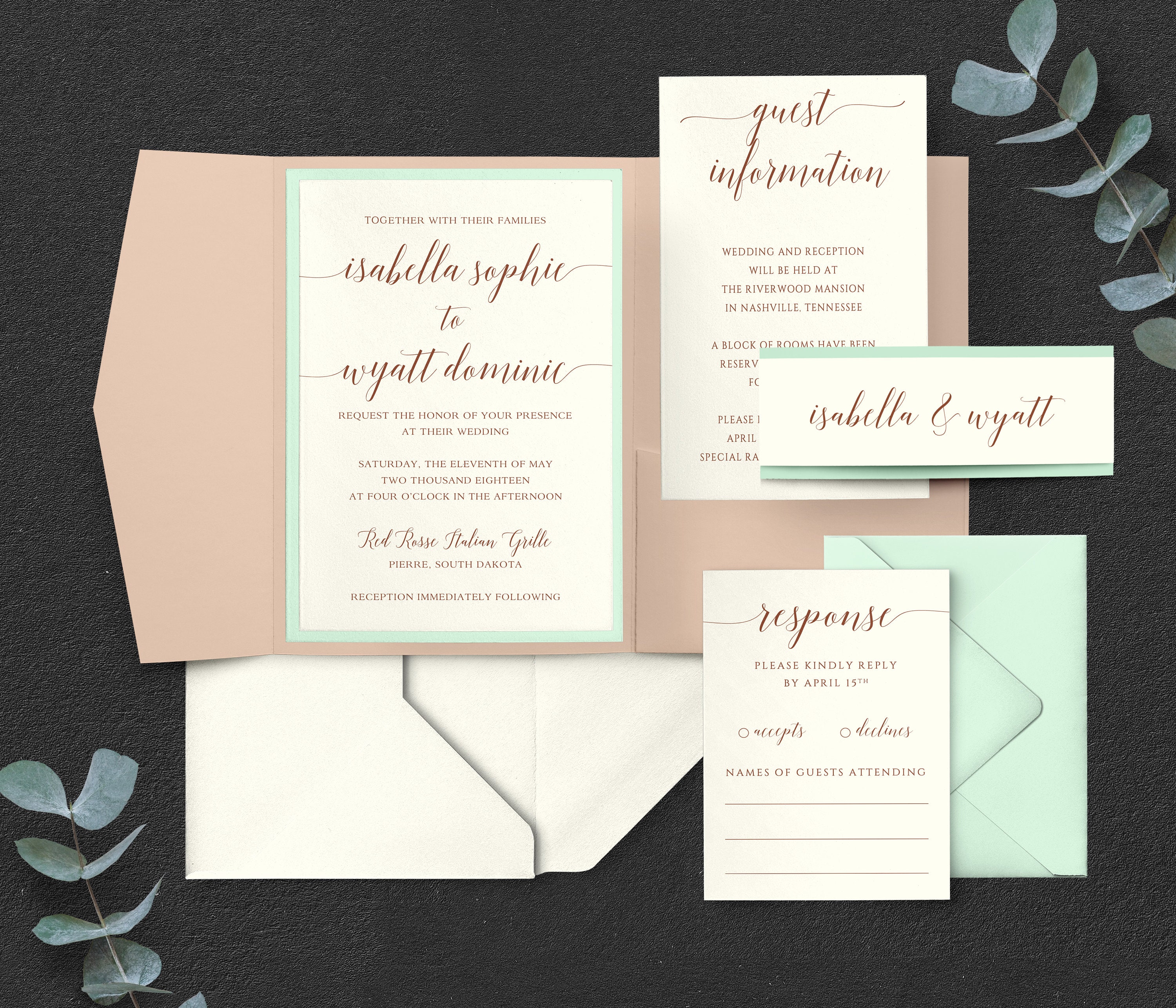 Peach Wedding Invitations Peach And Green Wedding Peach Etsy