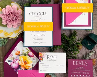 Bright Colorful Magenta and Yellow Modern Typography Font, Bold, Classic, Timeless Minimalistic Suite, Printed White Ink, Fuchsia and Wine