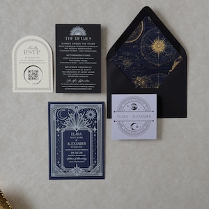 White Lace Design informational graphic explaining optional wedding invitation enhancements and personalization upgrades, styled with romantic stationery, ribbon, vintage-inspired props, and dark editorial branding.