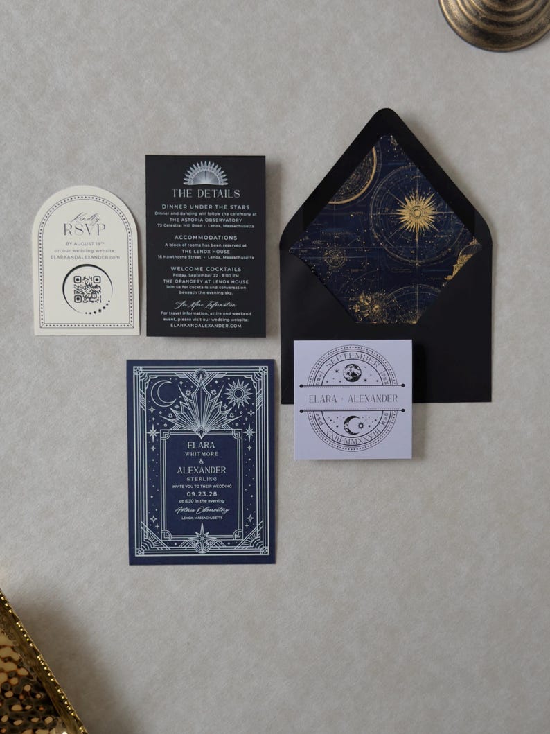White Lace Design informational graphic explaining optional wedding invitation enhancements and personalization upgrades, styled with romantic stationery, ribbon, vintage-inspired props, and dark editorial branding.