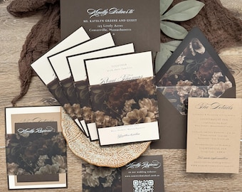Dark Moody Floral Wedding Invitation Suite | Black Brown Elegant Ceremony | Romantic Fall Winter Invitation | Noir Garden | Printed
