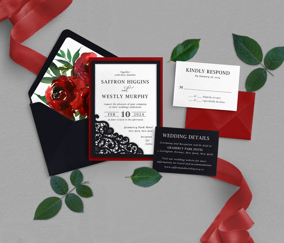 Red Wedding Invitation Red and Black Wedding Lace Wedding image 1