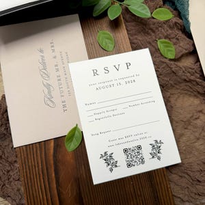 May include: Wedding RSVP cards with the text "RSVP" and "your response is requested by AUGUST 15, 2028". The cards are white with black text and floral illustrations. A second card reads "Kindly Deliver to: THE FUTURE MR. & MRS."