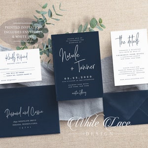 Navy blue wedding invitation with white ink, dark blue classic wedding, dark moody, high end navy invites, Luxury blue suite white ink