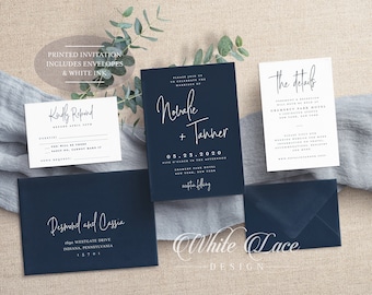 May include: Navy blue wedding invitation suite with white ink. The invitation features the couple's names, "Natalie + Tanner", and the wedding date, "05.23.2020". The RSVP card includes the text "Kindly Respond" and a space for guests to indicate their attendance. The details card includes the text "The Details" and information about the ceremony and reception. The envelope is also navy blue with white ink and the text "Desmond and Cassia" and their address.