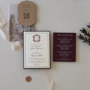 Verona burgundy wedding invitation with wine details card, ivory invitation and villa-inspired vellum wrap