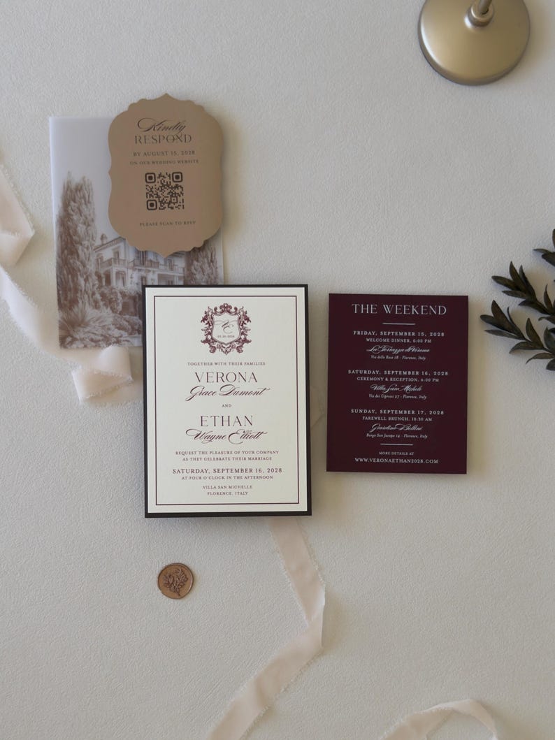 Verona burgundy wedding invitation with wine details card, ivory invitation and villa-inspired vellum wrap