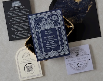 May include: A wedding invitation suite featuring a dark blue main card with silver celestial line art, a black envelope with a gold star map liner, a details card, an arched RSVP card with a QR code, and a square card with moon graphics.