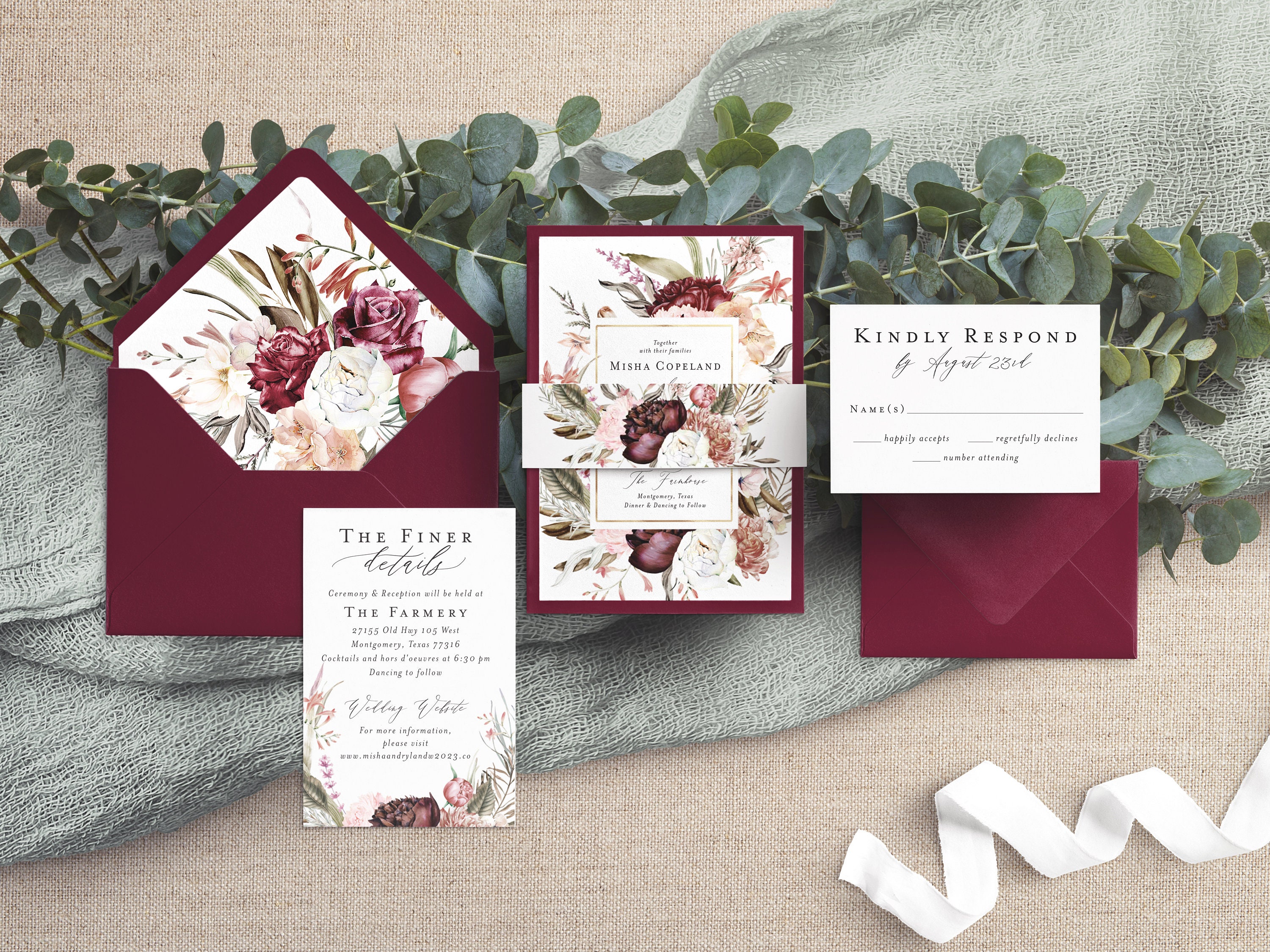 Printed Burgundy Wedding Invitation Suite: Floral Greenery Design - Etsy