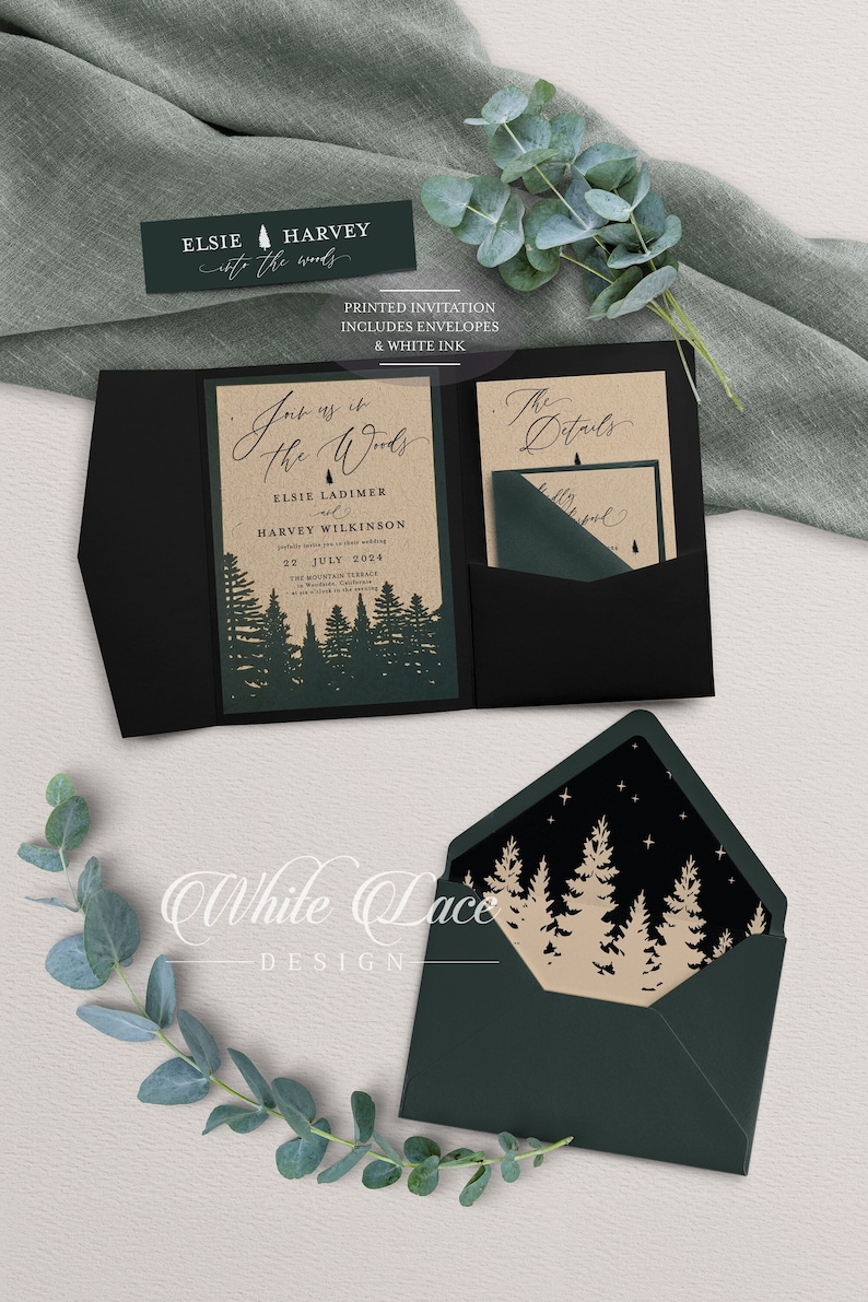 May include: A folded wedding invitation with a forest theme. The invitation is printed on kraft paper with a dark green envelope. The text on the invitation reads "Join us in the Woods" with the names Elsie Ladimer and Harvey Wilkinson and the date July 22, 2024. The envelope has a black liner with a gold silhouette of trees.