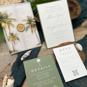 May include: A tropical themed wedding invitation suite with a green and white color scheme. The invitation features a watercolor illustration of palm trees and the text "Laken Grace and Waylon James". The RSVP card includes a QR code and the text "RSVP August 15, 2026". The details card features a palm tree icon and the text "Details Ceremony & Reception will be held at THE IVY HOUSE 3291 Bine Stor Highway Clearwater, Florida Cocktails and hors d'oeuvres 4:30 pm Dinner 6:30 pm"