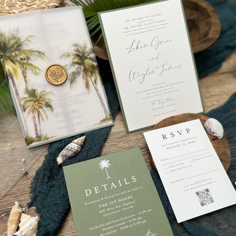 May include: A tropical themed wedding invitation suite with a green and white color scheme. The invitation features a watercolor illustration of palm trees and the text "Laken Grace and Waylon James". The RSVP card includes a QR code and the text "RSVP August 15, 2026". The details card features a palm tree icon and the text "Details Ceremony & Reception will be held at THE IVY HOUSE 3291 Bine Stor Highway Clearwater, Florida Cocktails and hors d'oeuvres 4:30 pm Dinner 6:30 pm"