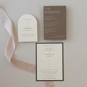 Ivory Blair wedding invitation with brown details card and arched RSVP card featuring elegant typography and a warm neutral wedding color palette.