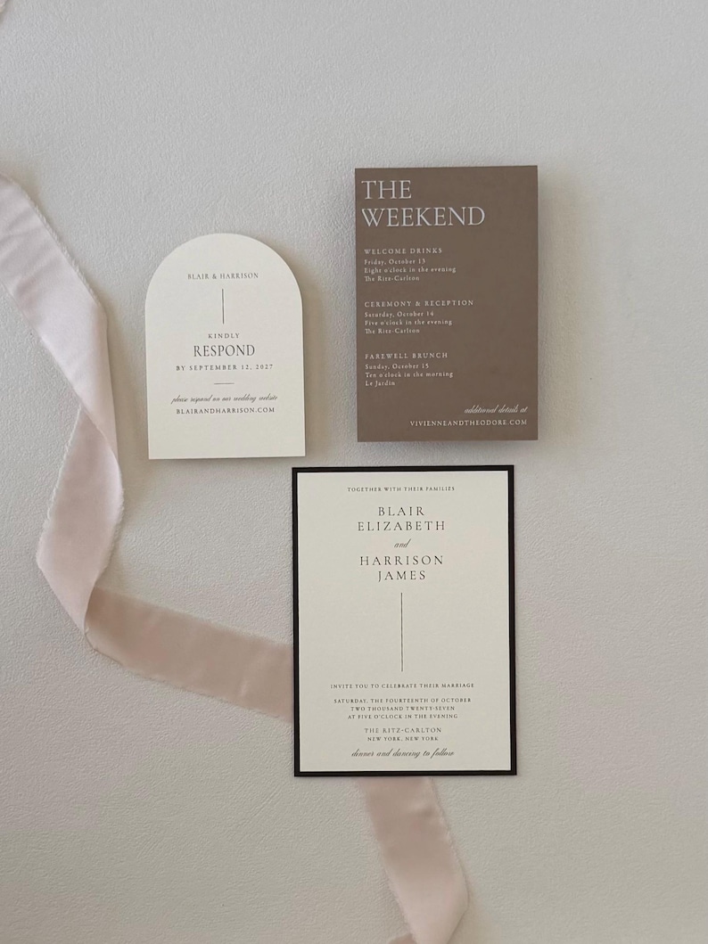 Ivory Blair wedding invitation with brown details card and arched RSVP card featuring elegant typography and a warm neutral wedding color palette.