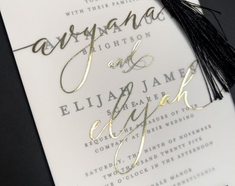 Foil Vellum Printed Avyana Suite, Tassel and Grommet, Black and White Floral, Wedding Invitation Sleeve, Classic Wedding, Gold Foil Overlay