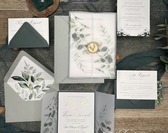 Vellum Jacket wedding invitation suite, Gold Foil wedding, Elegant Wedding, Rustic Greenery, Botanical Eucalyptus Verity Collection PRINTED