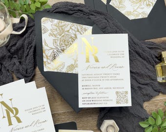Gold Foil Wedding Invitation | Modern Monogram Single Card with Envelope & Floral Foil Envelope Liner